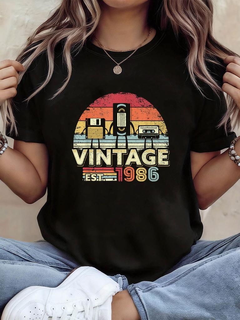 1986 Born Retro 80S-90S Digital Nostalgic Style Pattern Print Women'S Round Neck Spring-Summer Short