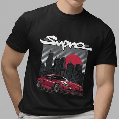 Herren Schwarzes Freizeit-T-Shirt Rotes Toyota Supra JDM Auto Grafik T-Shirt Streetstyle