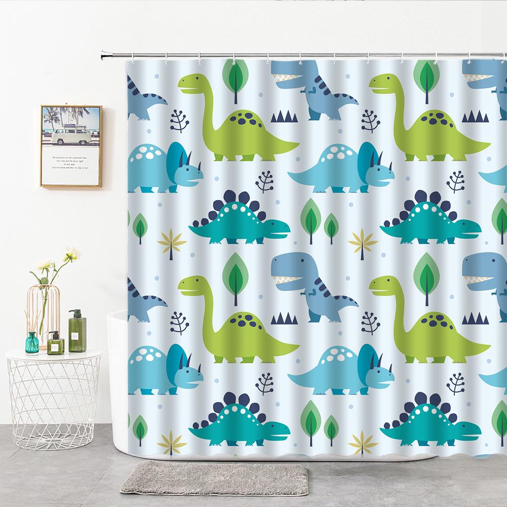 Cartoon Dinosaur Shower Curtain Fabric Hooks Children's Room Decoration Cloth Toilet Bath Curtain Home Background Wall Covering