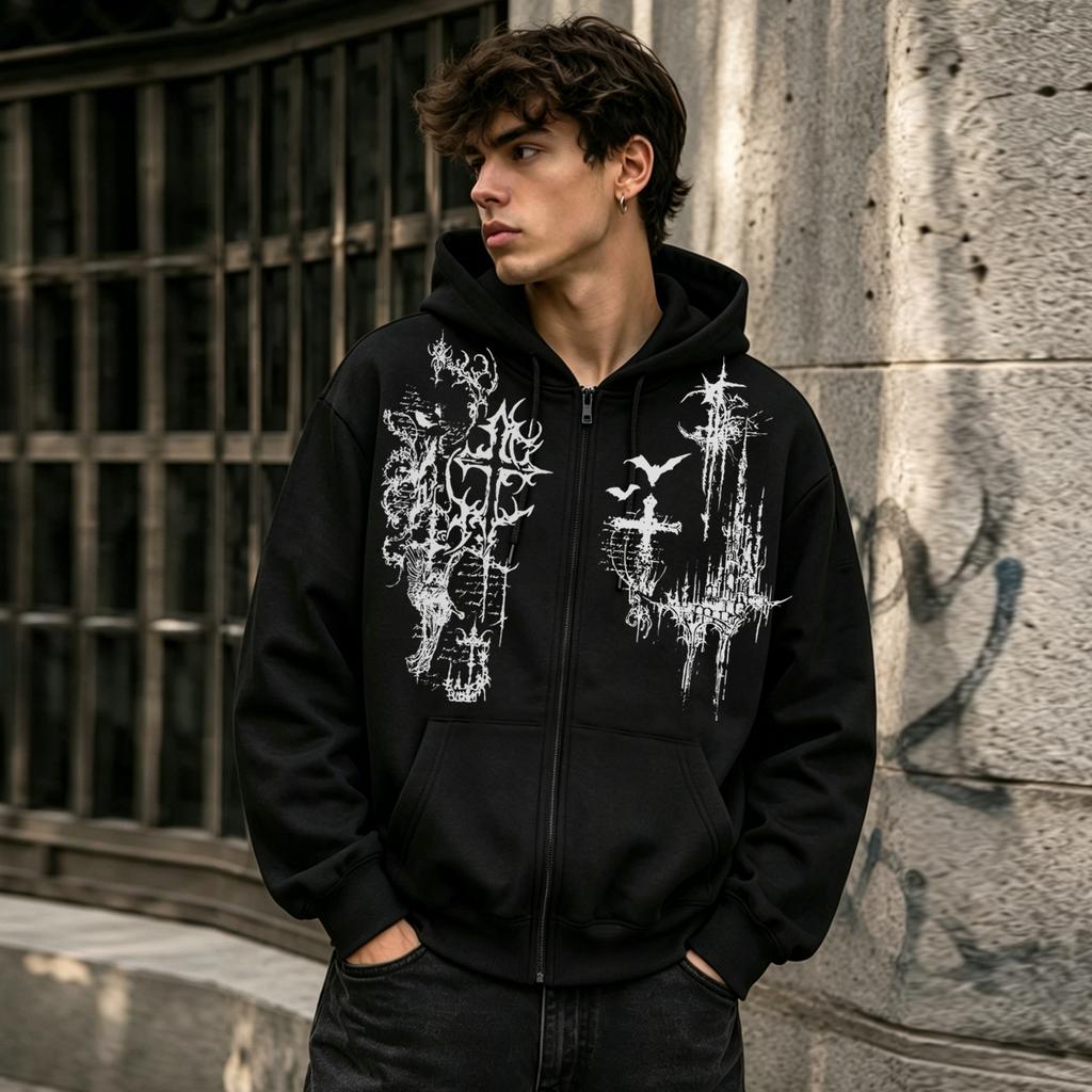 Herren Trendiges Bedrucktes Reißverschluss-Sweatshirt, Weiche Punk-Stil Fleece Kapuzenjacke mit Reißverschluss, Lässiger und Vielseitiger Cardigan
