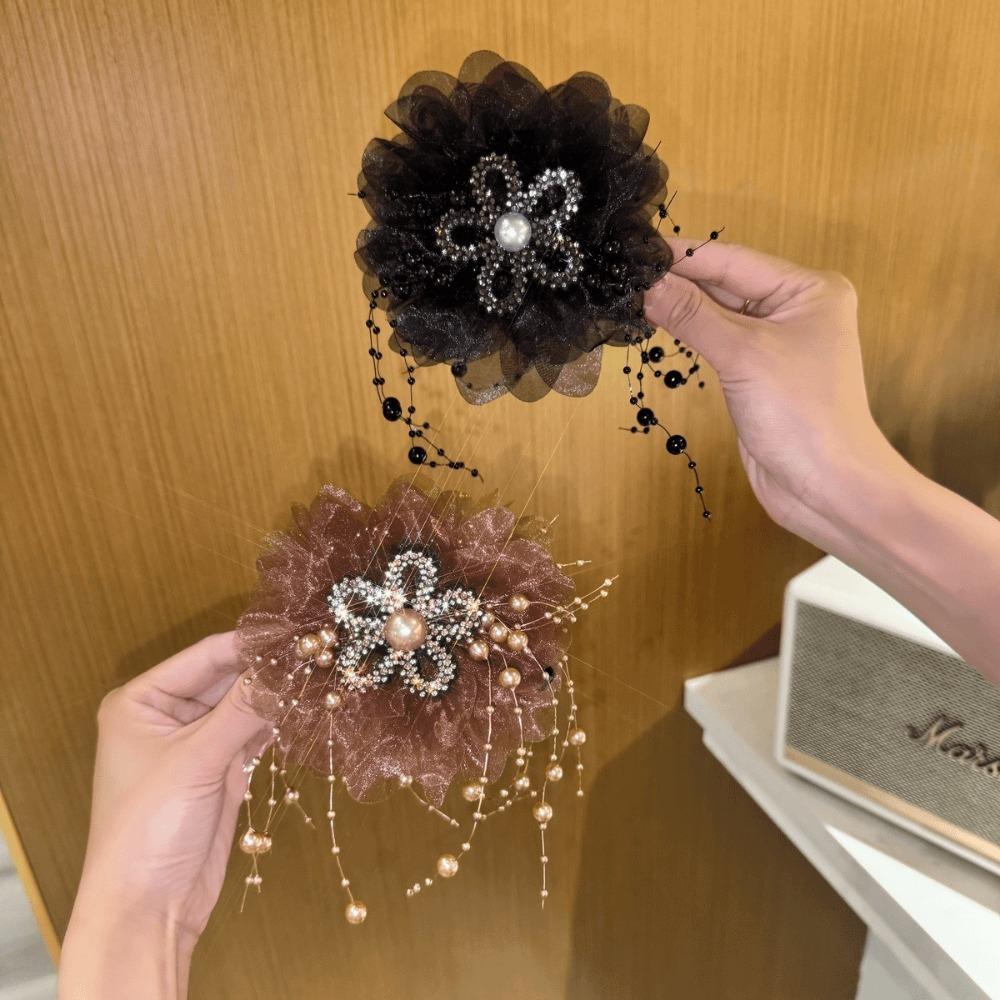 Mesh Sunflower Hair Claws Pearl Tassel Hair Gripper Elegant Shark Hairpins  Women Headdress