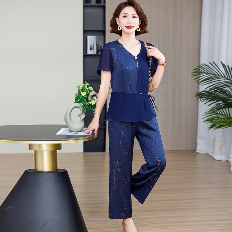 Elegante conjunto de verano de chifón de dos piezas para mamá – Manga corta, talla grande, para mujeres de mediana edad y mayores.