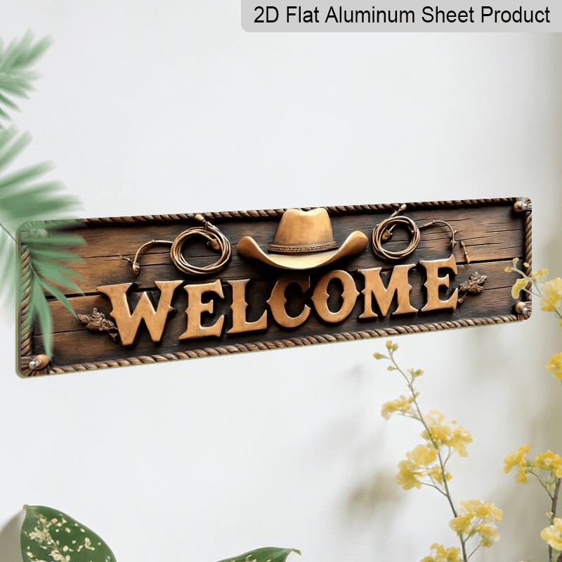 2D Aluminium Dekoschild - Willkommensschild im rustikalen Stil, mit Cowboyhut und Seil Wanddekoration, im Western-Thema gestaltet für Bauernhof, Bar