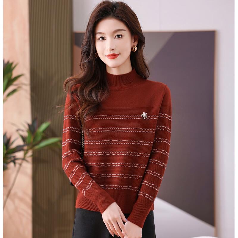 SNOWFLYING Women s Classic Striped Half-High Collar Knit Sweater L