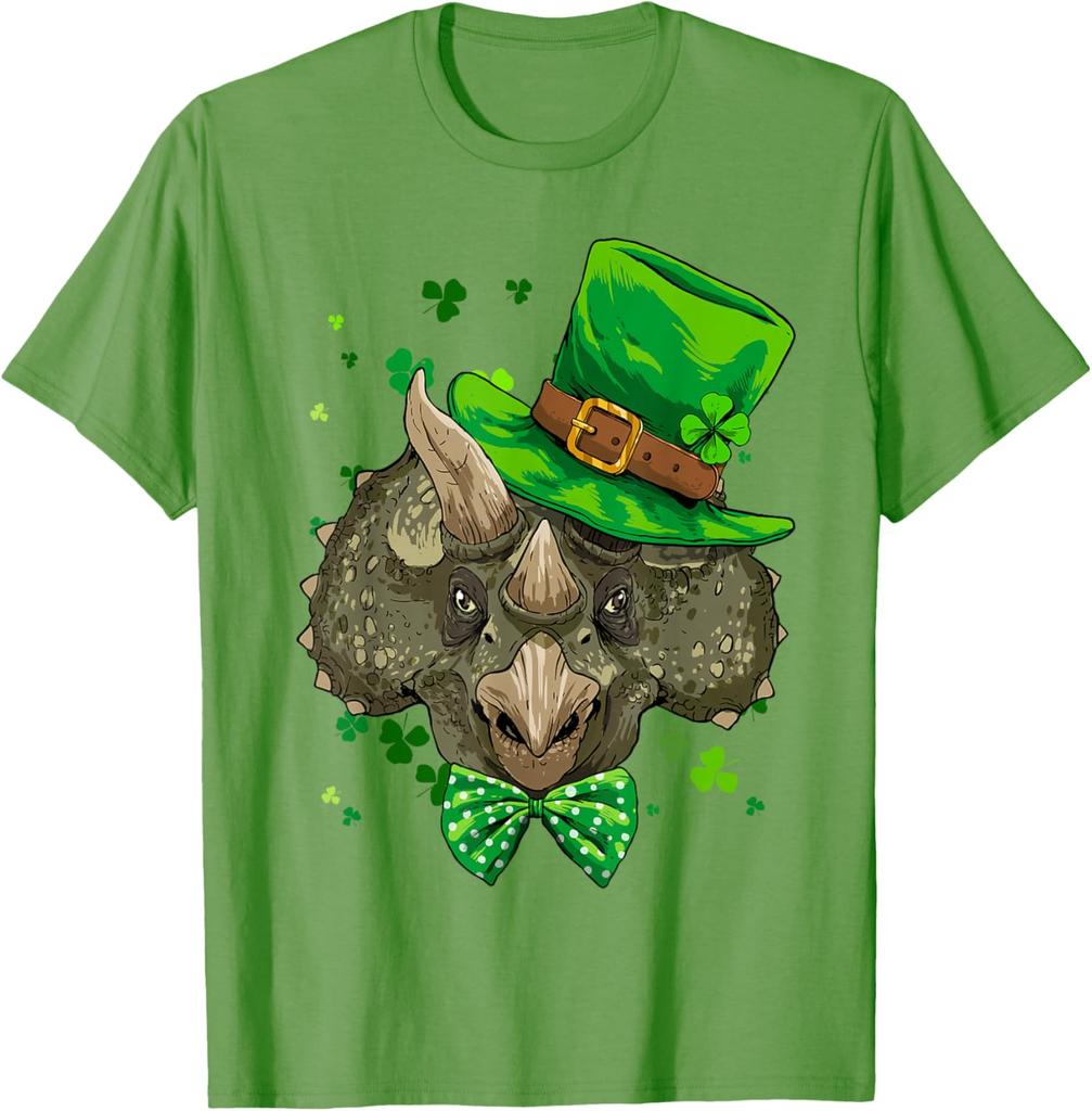 Triceratops Leprechaun St Patricks Day Graphic Tee Men Women Cotton Casual T-Shirt