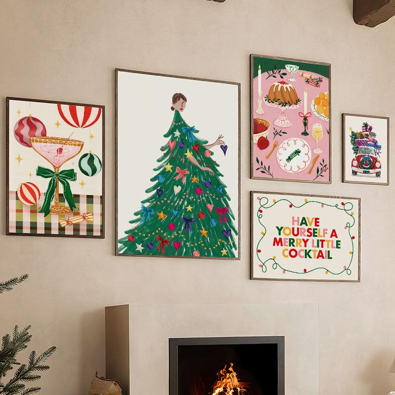 Christmas Tree Girl Santa Claus Car Gift Party Wall Art Canvas Painting Nordic Posters Prints Picture For Living Room Home Decor