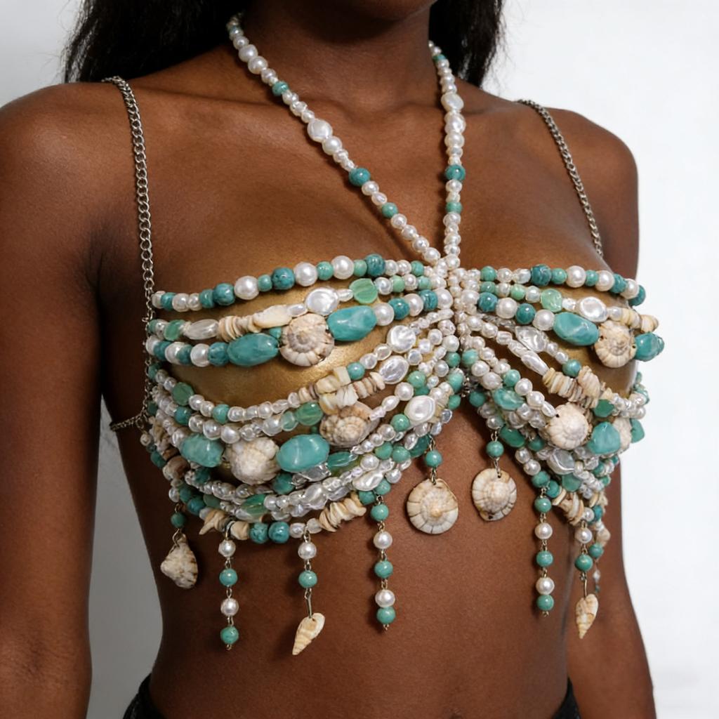 Handmade Turquoise Pearl Beaded Halter Top Body Chain Festival Outfit Bra 2026 Vacation Jewelry Conch Mermaid Core Bralette