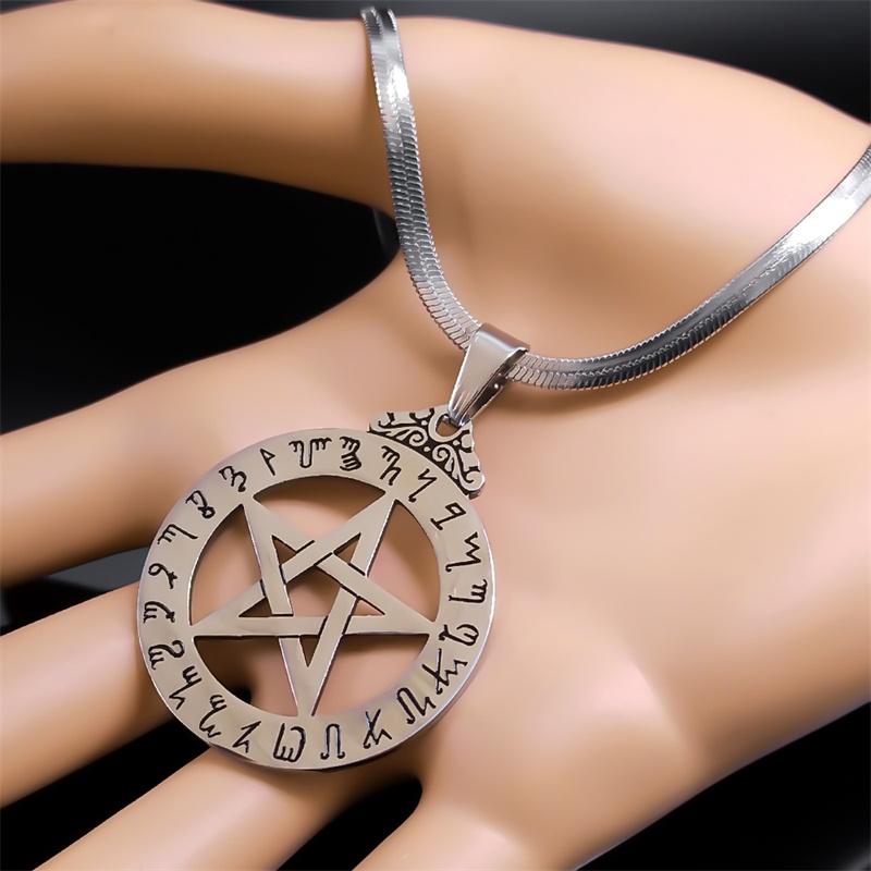 Witch Pentagram Necklace for Women Men Stainless Steel Silver Color Wicca Pagan Star Pentacle Alphabet Necklace Jewelry Bijoux