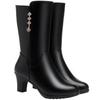 2024 Women's Boots Winter Warm Soft Fashion Leather Female Boots High-heeled Plush Trend Mid-calf Zipper Round Head Boots