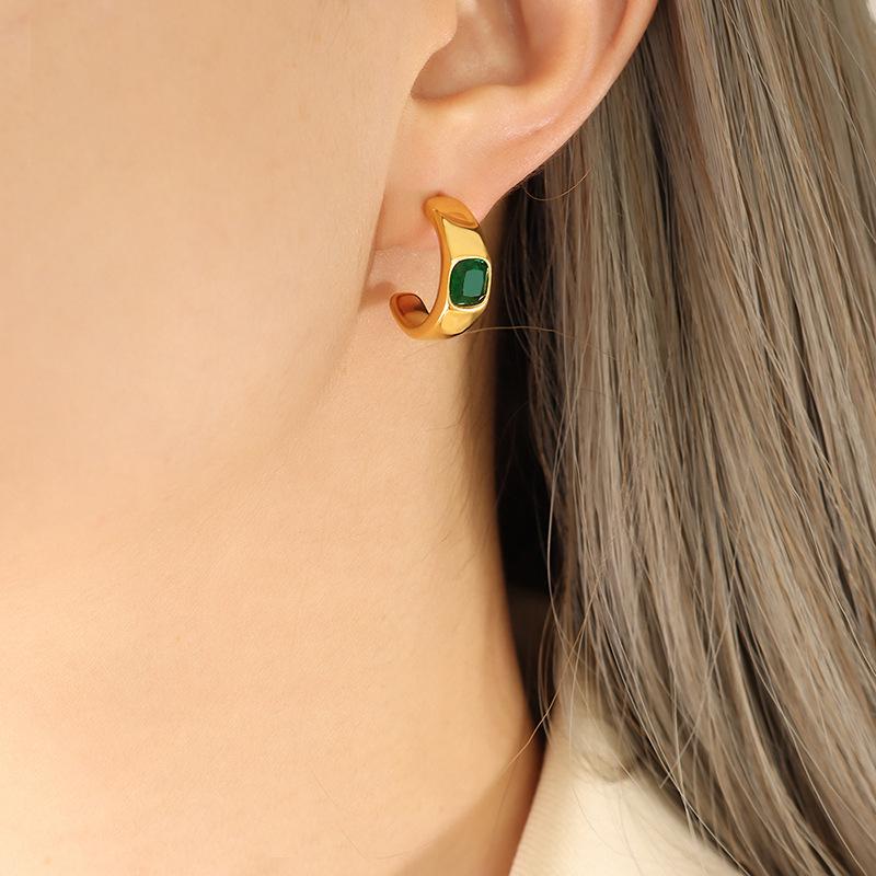C-shaped Green Zirconia Earrings in 18K Gold-Plated Titanium Steel - European & American Style Fashion Accessory