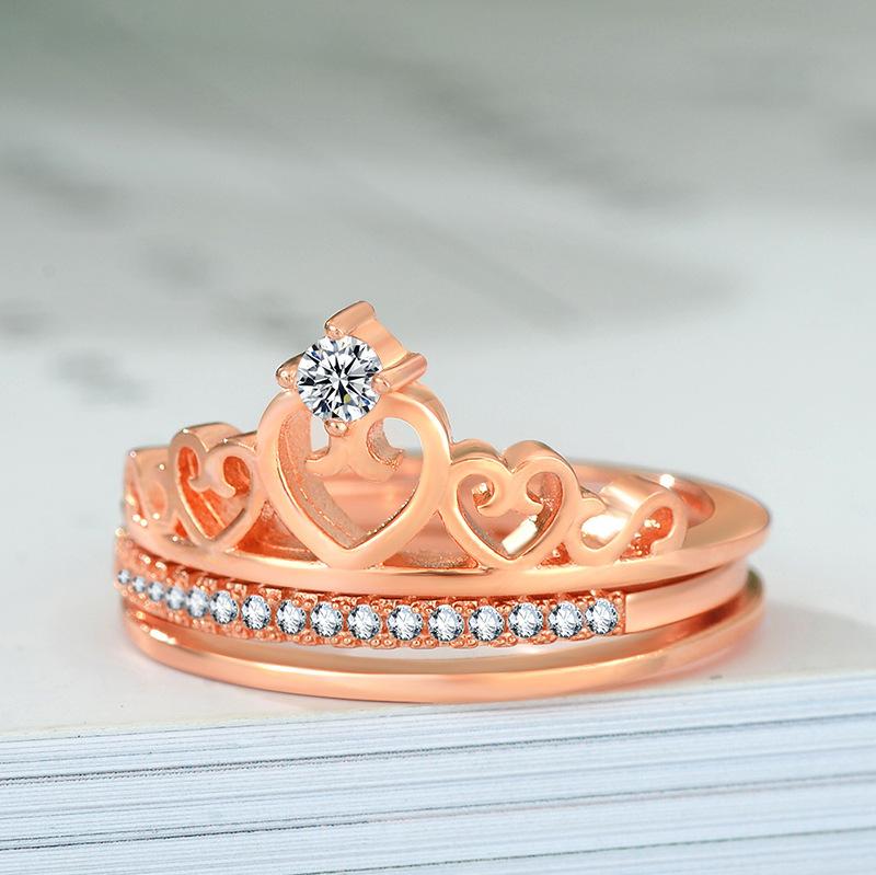 Micro-Set Zircon Double Crown Ring, Combination Diamond Crown Set, Female Ring.