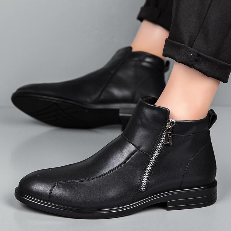 FashionGenuine Leather ankle Boots Men's High Top plush Warm Mens Short Boots Anti-slip Bota Masculinas De Couro Bottines Bottes Hommes