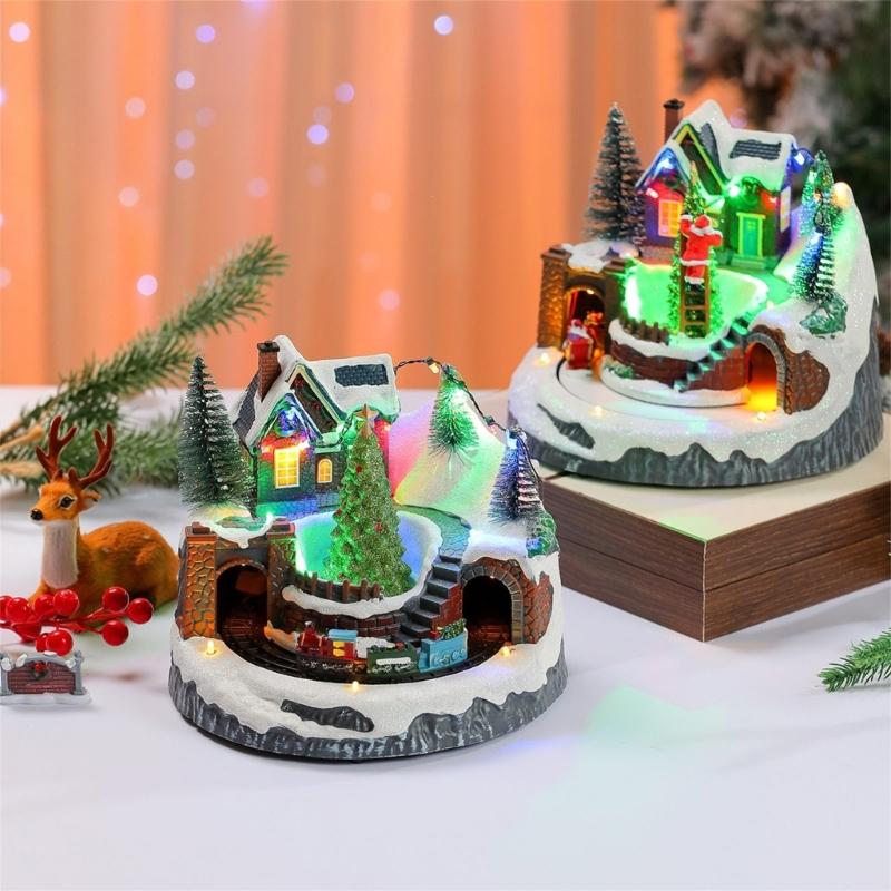 LED Light Christmas Village Scene with Santa/Tree Musical Lighted Christmas Collection Figurines for Home Decors