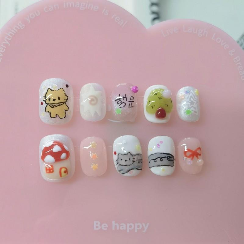 Short Sweet Cat Eye Press-On Nails Hand-Painted Cute Design DIY Nail Art Set Women Teens
