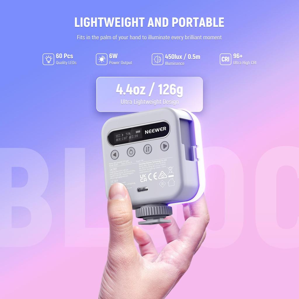 NEEWER BASICS BL60C RGB Video Light Magnetically Mountable 360° Full Color Photography Light 2500-9000K CRI96+ 18 Scene Effects Portable Rechargeable