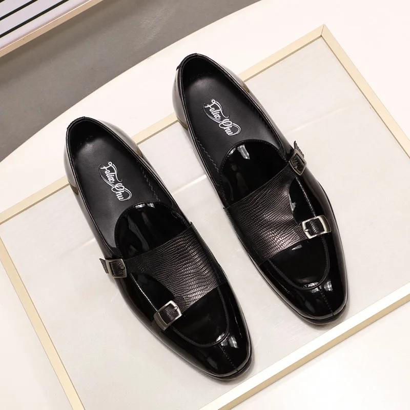 Fashion FELIX CHU Men's Patent Leather Loafers Black/Green Monk Strap Slip-On Shoes for Wedding Party Dress Casual Fashion