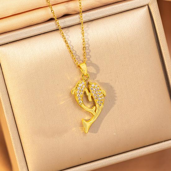 Double Rhinestone Fish Pendant Necklace Lightweight Hypoallergenic Women Couple Dual Dolphin Chain Necklace Fashion Jewelry