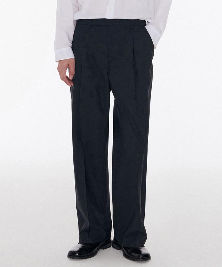 MUSINSA STANDARD Summer Wool Two-Pleat Wide Hidden Elastic Waist Slacks [Navy]