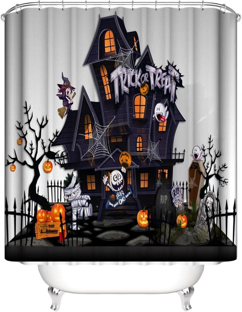 Halloween Shower Curtain Sets Haunted House Pumpkin Shower Curtains With 12 Hooks, Bathroom Decor Sets With Curtain And Rugs