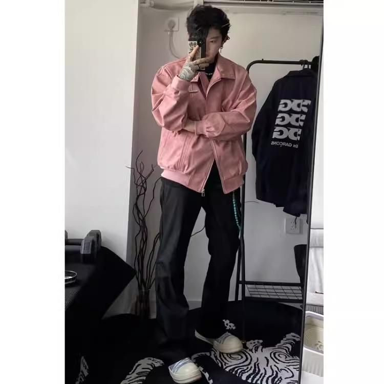 Herren Trendige Amerikanische Retro Pink Leder Motorrad Bomberjacke - High-End Frühling/Herbst Harrington Stil