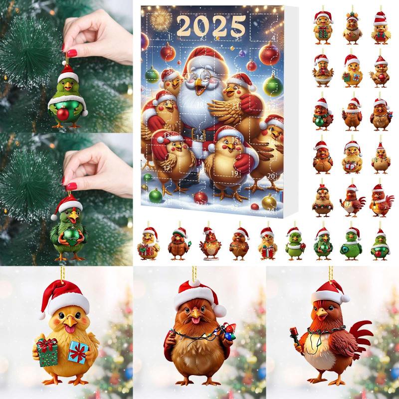 Adventní kalendář 2025 Kuře se Santa čepicemi 2D závěsná ozdoba Vánoční odpočítávací kalendář Ozdoba na vánoční stromek