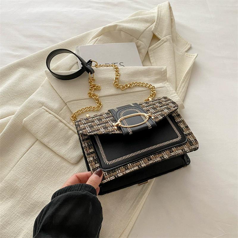 Mini Plaid Pattern Tweed Bag, Buckle Decor Shoulder Square Bag, Chain Crossbody Flap Purse For Everyday