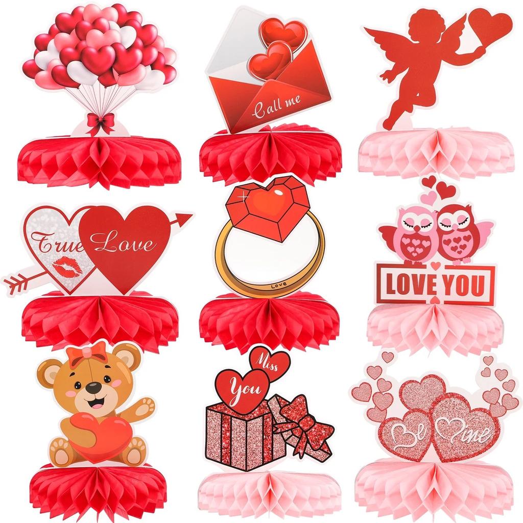 9pcs Valentine's Day Honeycomb Centerpieces Decoration Valentine Party Supplies
