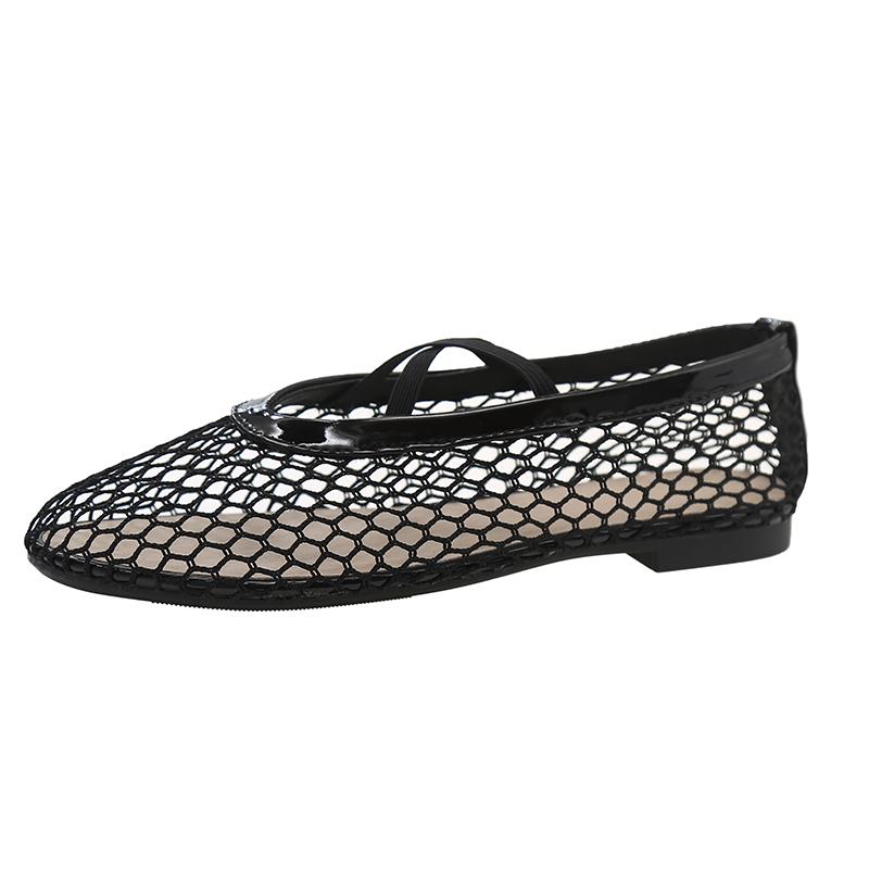 Fashion One-line Belt Mesh Woven Hollowed-out Baotou Semi-drag Women's Shoes Summer New Flat-soled Fisherman's Shoes
