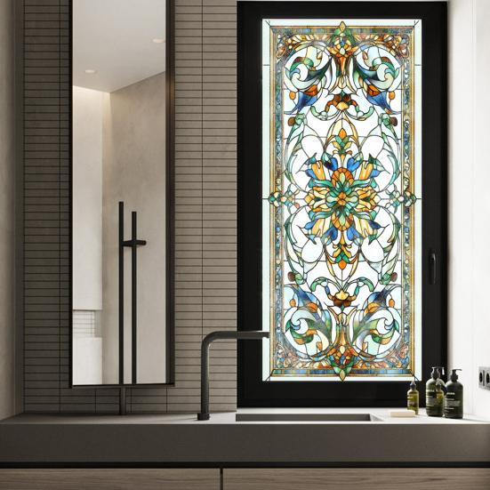 Yousheng Privacy Window Film Vintage Stained Glass Style Static Window Cling Decorative Glass Sticker for Cabinet Bathroom Kitchen Door Panel