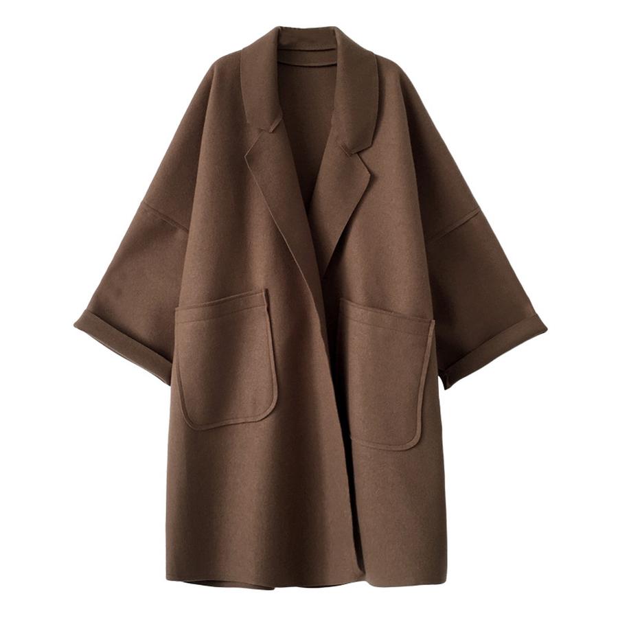 Plus Size Autumn Women's Korean Style Wool Coat Long Length Overcoat for Large Size (200 lbs) Loose Cape