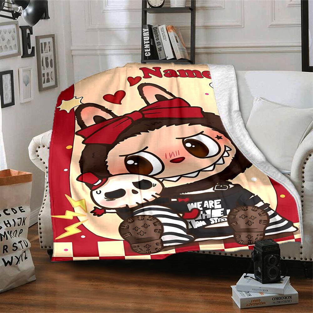 Custom Name Labubu Theme Printed Blanket - Perfect for Couch, Bed, Travel & Outdoor Use | Machine Washable, Cozy & Durable.