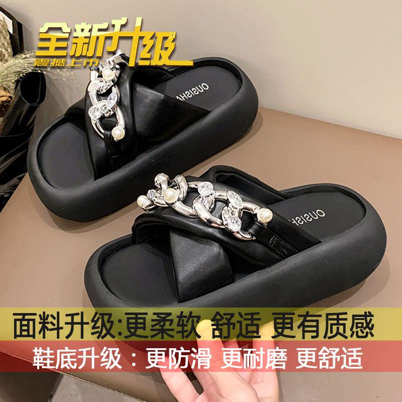 

Thick bottom height increase small leisure beach one-word drag women summer wear 2025 new Internet celebrity rhinestone chain slippers 35