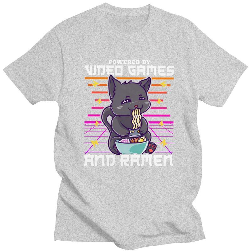 Powered By Video Games Ramen Anime Cat T Shirts Men 100 Cotton Tees Fathers Day Gift Tshirts ShortSleeve Tshirt Clothes