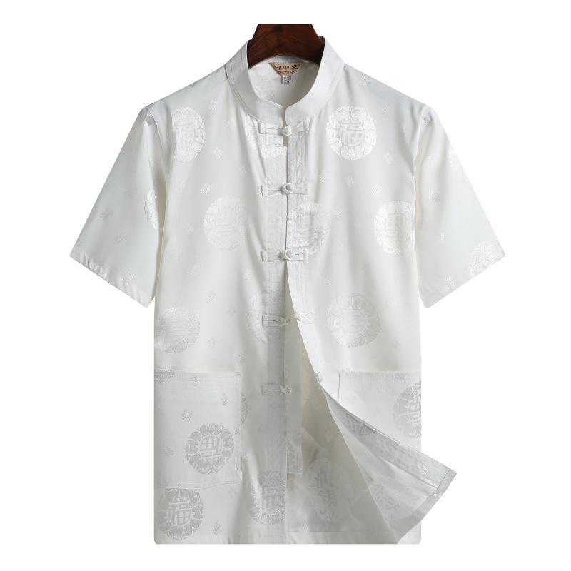 Silk Satin Dragon Tang Suit: Short-Sleeve Hanfu Shirt for Middle-Aged & Elderly Men, Lay Buddhist Attire with Frog Buttons