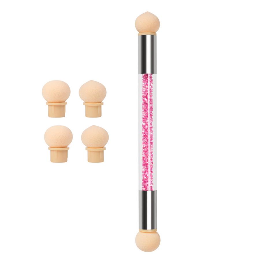 

Двостороння губкова ручка з градієнтом, пензлик для малювання нігтів, що миється, із 4 змінними губчатими головками та ручкою зі стразами рожевий