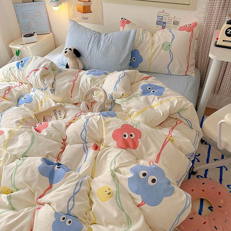 Cream Pure Cotton 4 Piece Bed Sheet Set Washable All Cotton Duvet Cover Pillowcase Class A 3 Piece Set Soft Comfortable Bedding