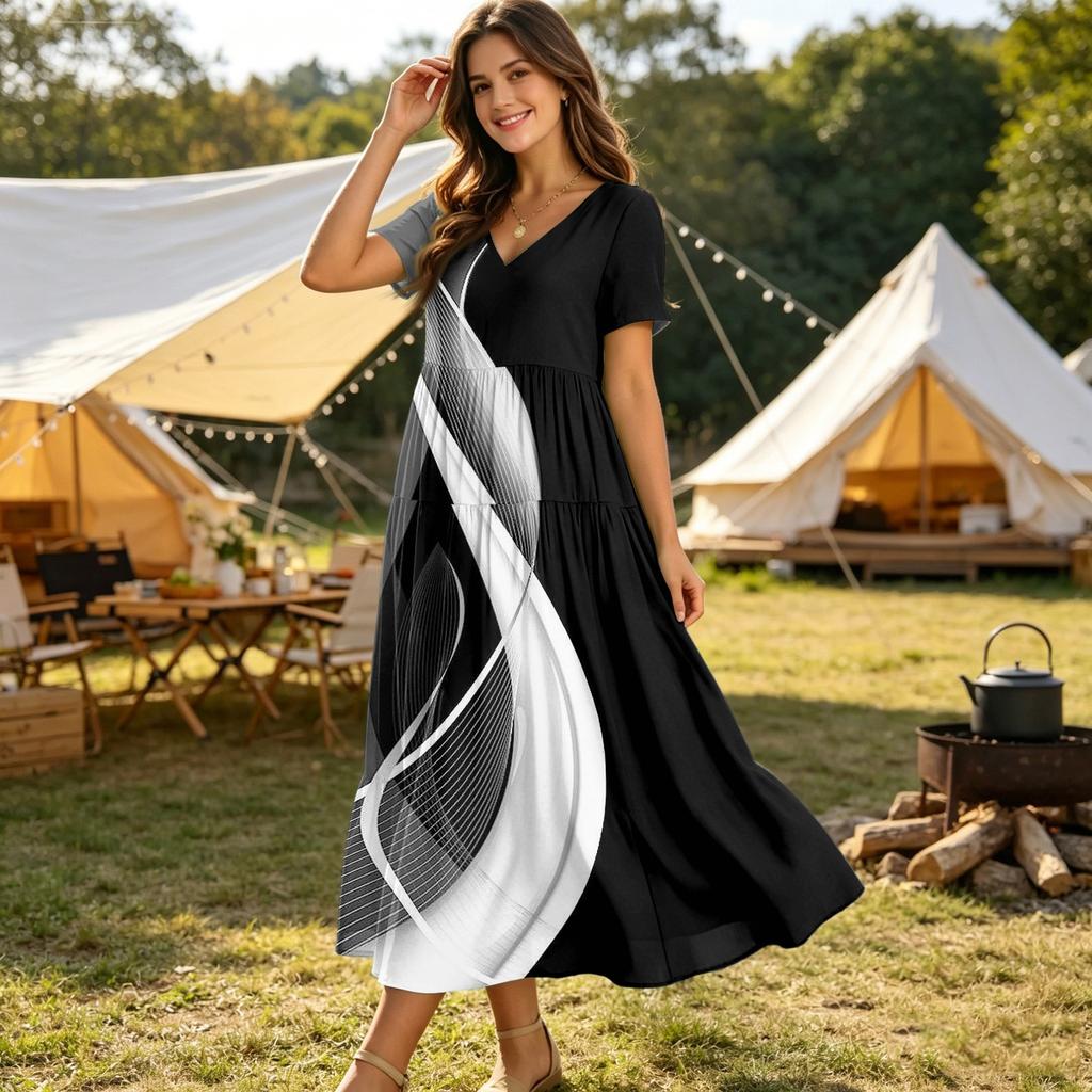 Women Loose Fit Bohemian Style Short Sleeve V Neck Dress with Gradient Floral Print Casual Summer Midi Dress