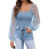 Women's See-through Lantern Sleeves Tops Splicing Slim Tops