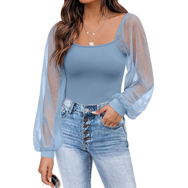 Women's See-through Lantern Sleeves Tops Splicing Slim Tops