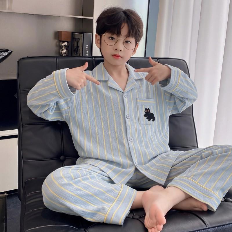 Boys Cotton Pajama Set Long Sleeve Hoodie Sleepwear Kids Teens 2026 Soft Cloud Home Wear