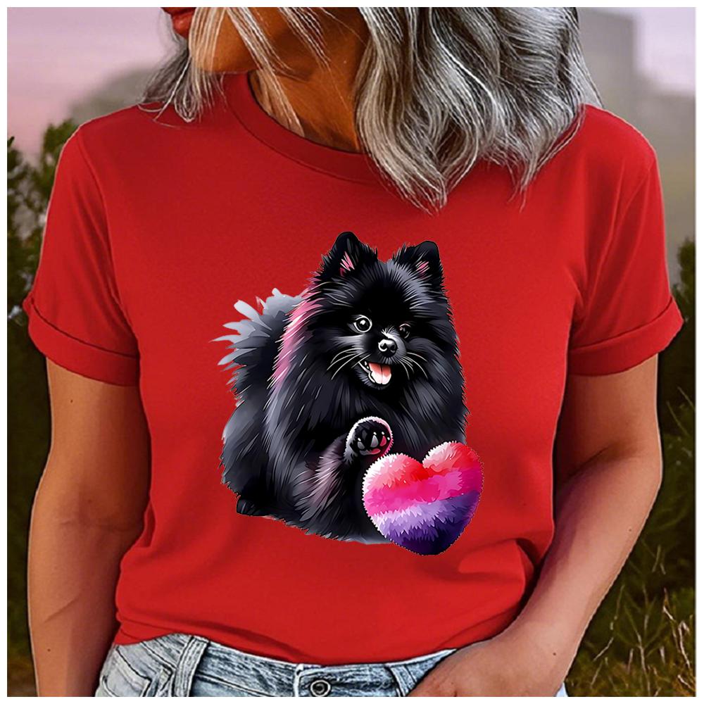 Unisex 100% Polyester Summer Top Black Pomeranian dog Print Loose round Neck Short Sleeve Fashion for Lovers