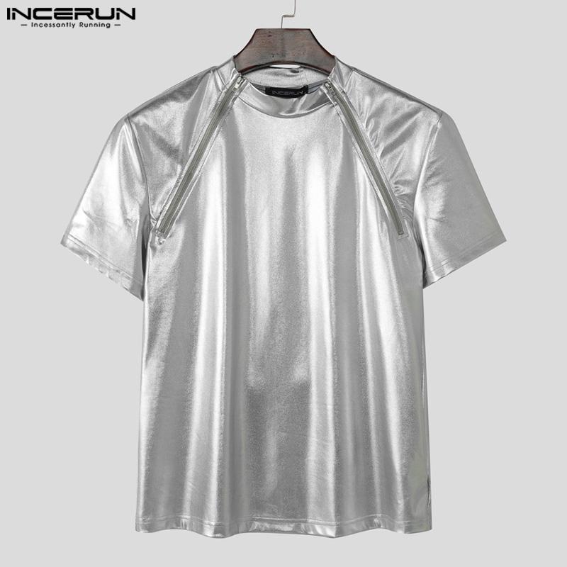 INCERUN Herren T-Shirts Mockneck Kurzarm Glitzer Lässige Figurbetonte Oberteile
