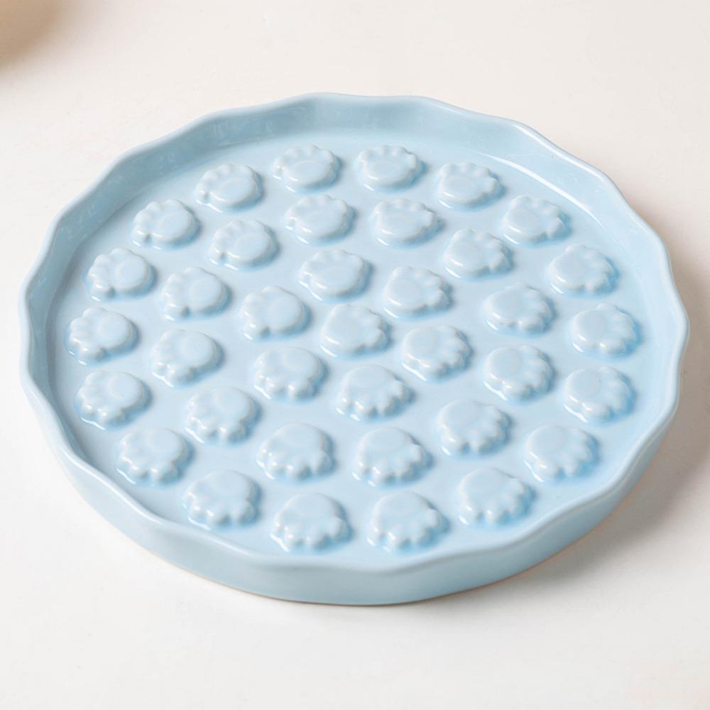 

New Ceramic Slow Feed Cat Bowl Round Paw Design Pet Food Dish Smooth Anti-Gulping Licking Plate For Cats & Small Dogs