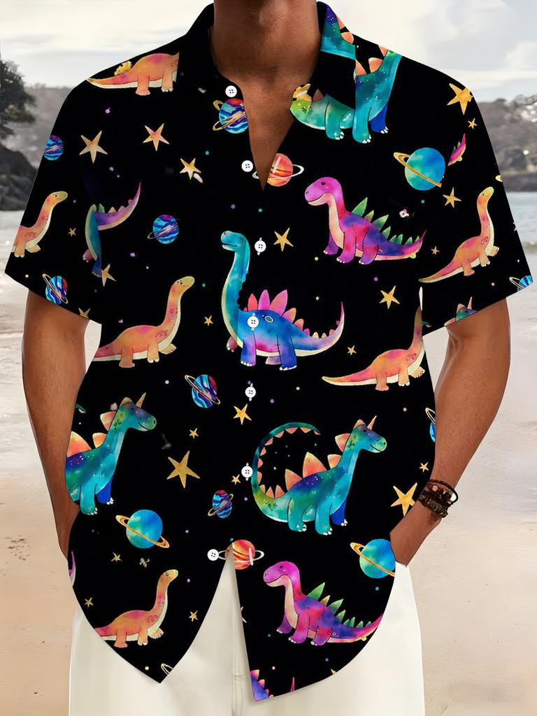 Übergröße Herren Kurzarmhemd mit mehreren Knöpfen, Stil mit Dinosaurier-Print, Lässiges Kurzarmhemd mit Stehkragen Übergröße, Sternen-Dinosaurier-Elemente,