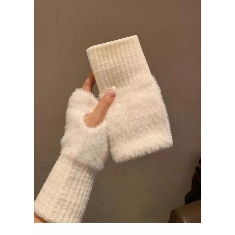 Solid Color Plush Gloves Women In Autumn and Winter Warm Woolen Knitted Touch Screen Open Finger Half Finger Gloves