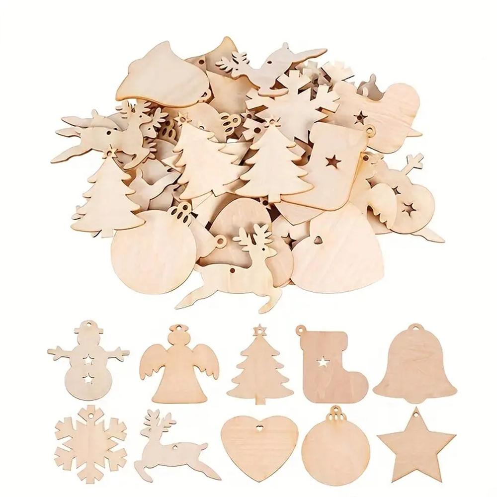 10/100Pcs Christmas Unfinished Wooden Snowflake Elk Ornaments Hanging Cutouts Blank Wood Slices with Cord Craft Embellishments