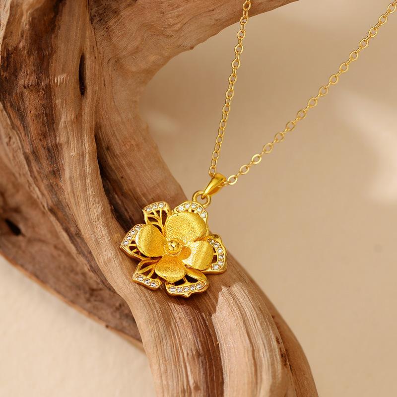 Luxury 24K 9999 Pure Gold Real Gold Women's Double-layer Flower Pendant Necklace
