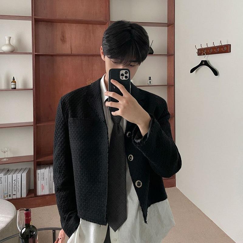 College Style Short Coat Men's Spring Loose Top Korean Style Suit Collar Jacket