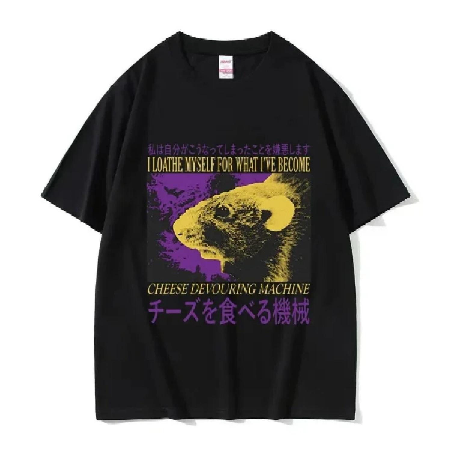 

Funny Cheese Devouring Machine Japanese Rat Graphic T Shirts Men Vintage Fashion O-Neck Oversized T-shirt Y2k Unisex XXXXXL чорний
