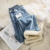 Spring Winter Plus Velvet Women Jeans Button High Waist Solid Pants Pockets Thicken Fashion Casual Straight Trousers
